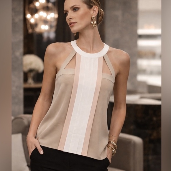 100% Silk Sleeveless Beige and White Halter-Top XS - Picture 9 of 11